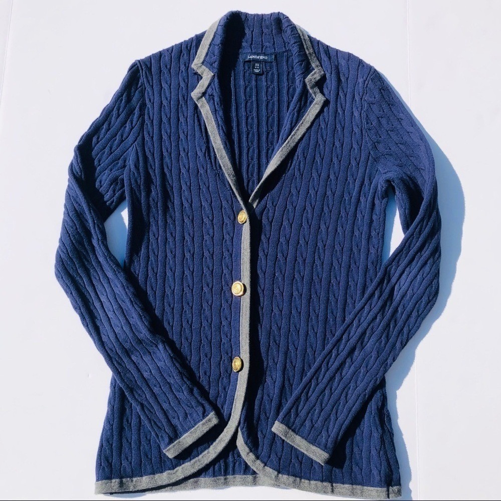 Lands" End Navy Cable Knit Cardigan Blazer Grey Trim XS Preppy Coastal Nautical